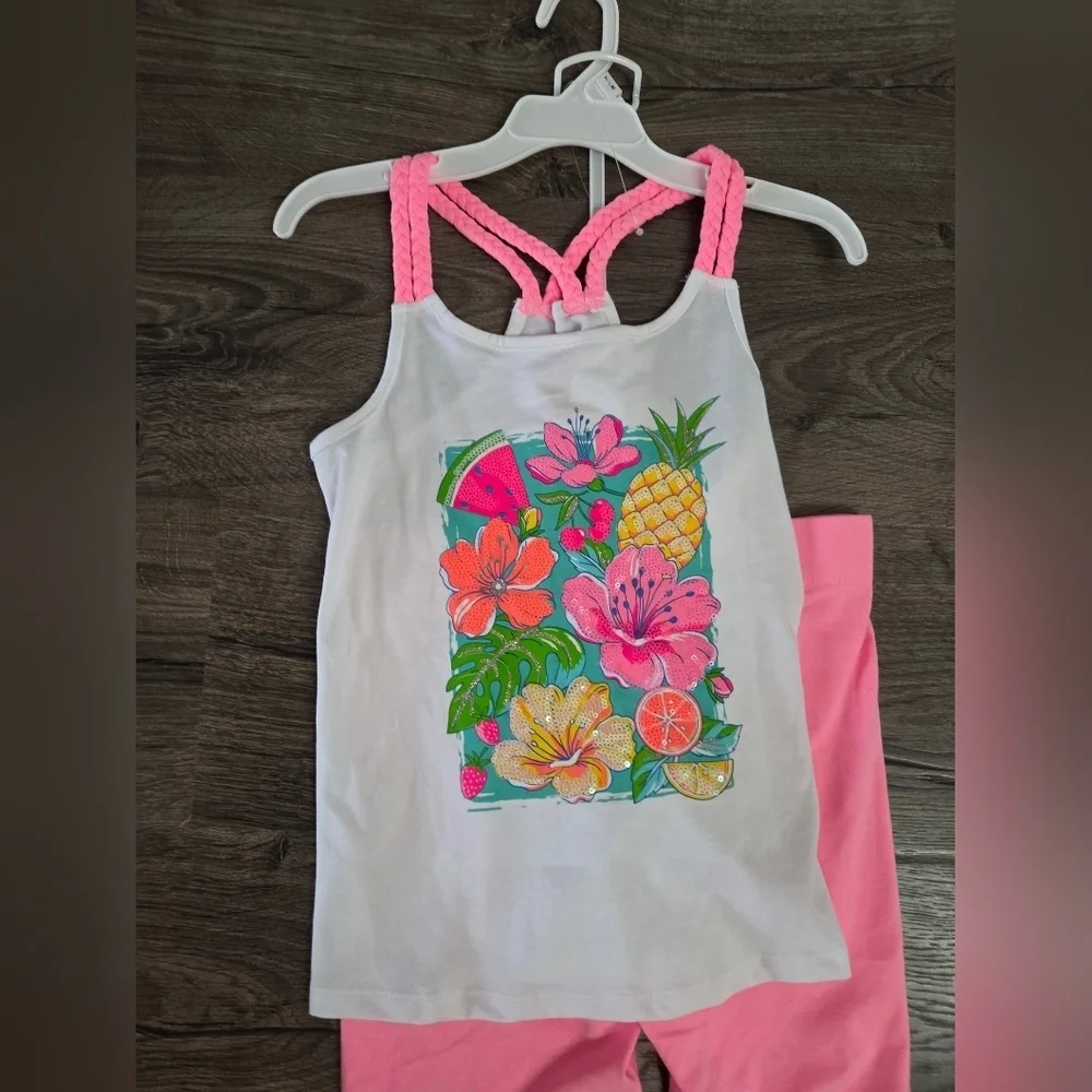Girls Floral Graphic Tank Top and Pink Shorts Set Size 7/8 NWT